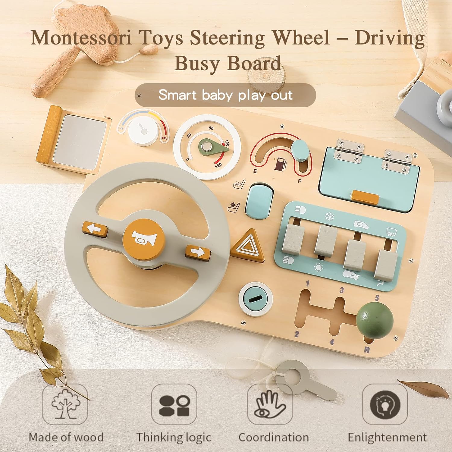 Wooden Steering Wheel Dashboard Toy